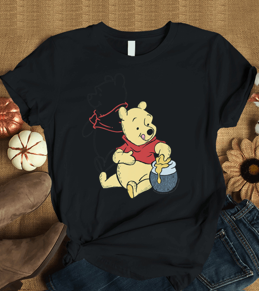 Disney Winnie The Pooh Outline and Colored Character Sitting with Honey Jar T-Shirt