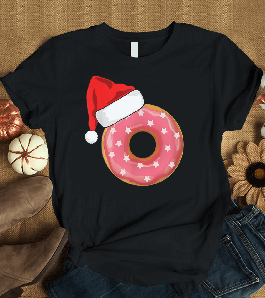 Santa Hat on Pink Strawberry Donut with Stars T-Shirt