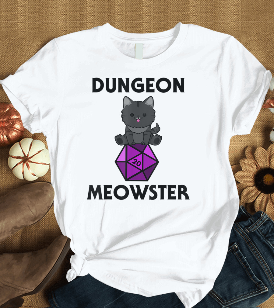 Dungeon Meowster Cute Cat on D20 Dice for Tabletop Gamer T-Shirt