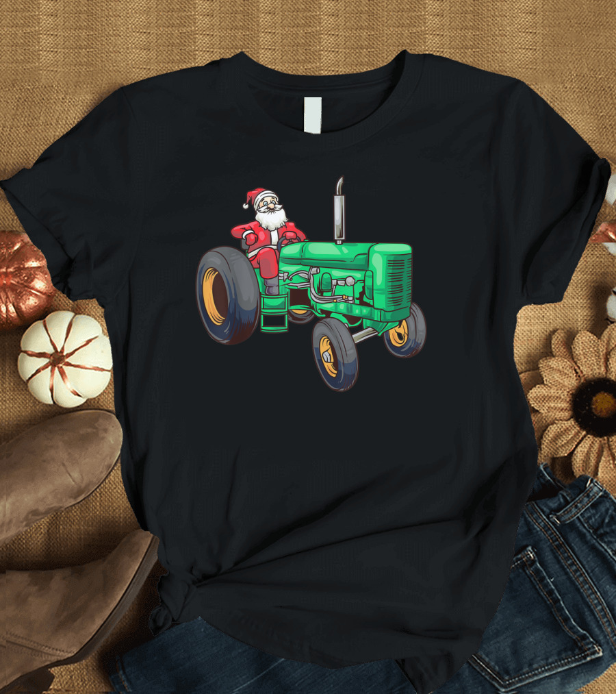 Santa Claus Riding Green Farm Tractor T-Shirt