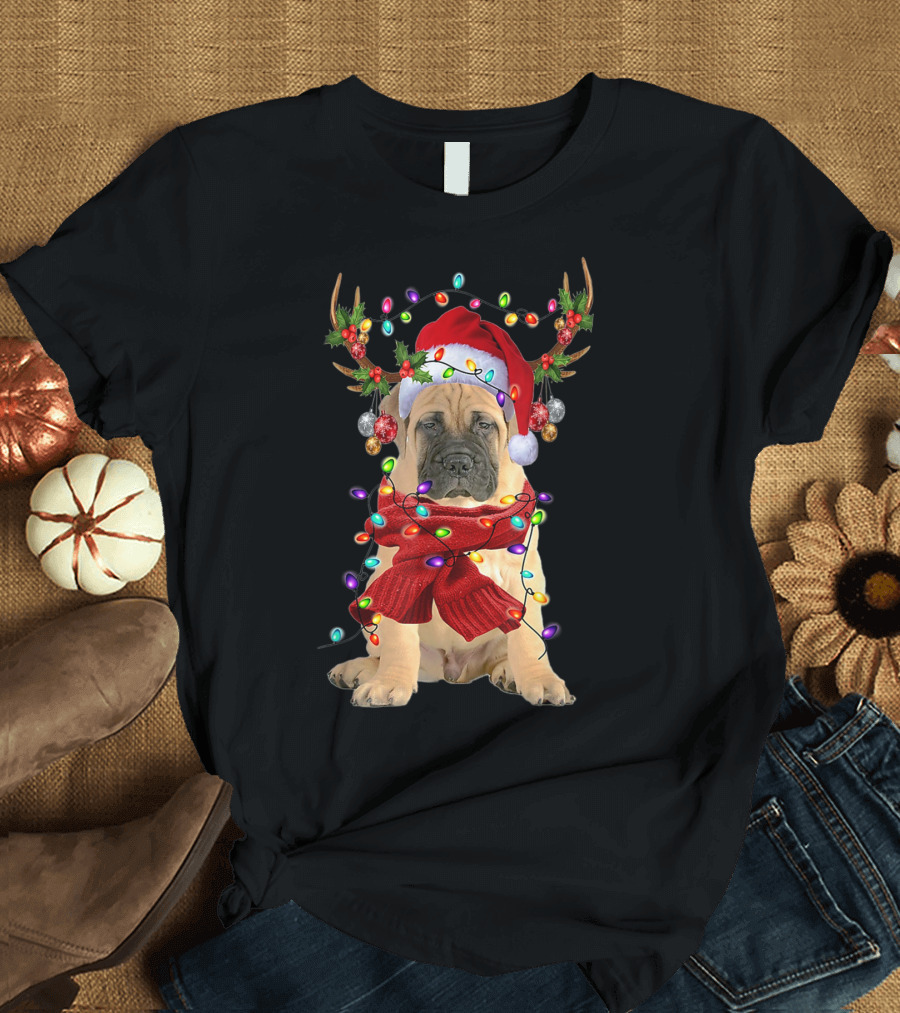 Festive Bull Mastiff Reindeer Lights Christmas Dog T-Shirt