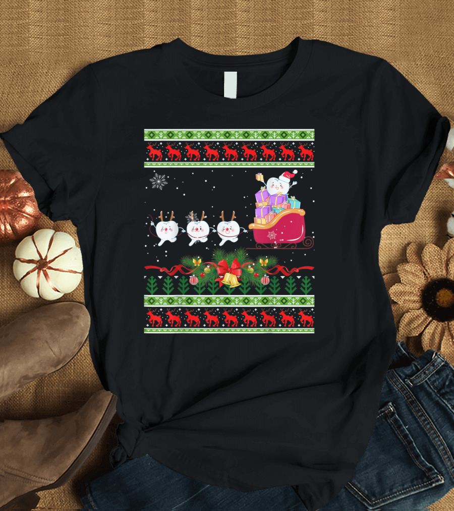 Funny Christmas Tree Dental Snowmen in Santa's Sleigh T-Shirt