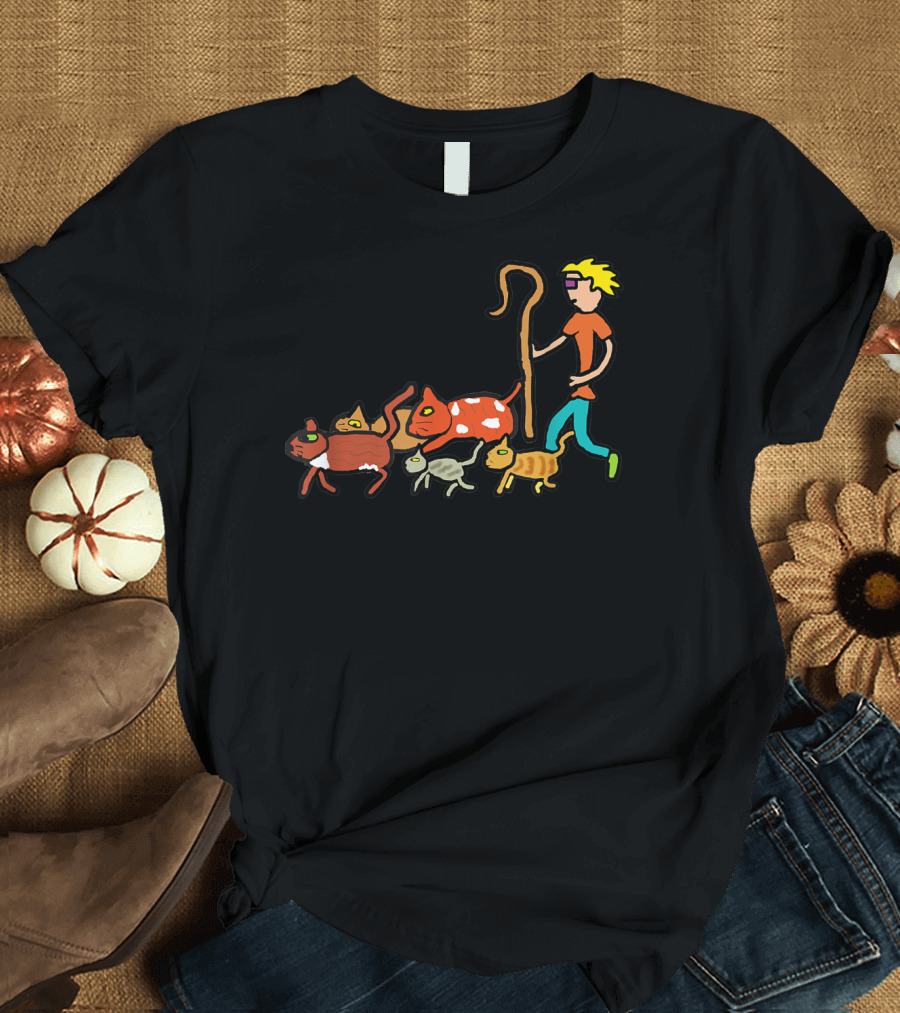 Herding Cats Cartoon Shepherd with Colorful Cats Scene T-Shirt
