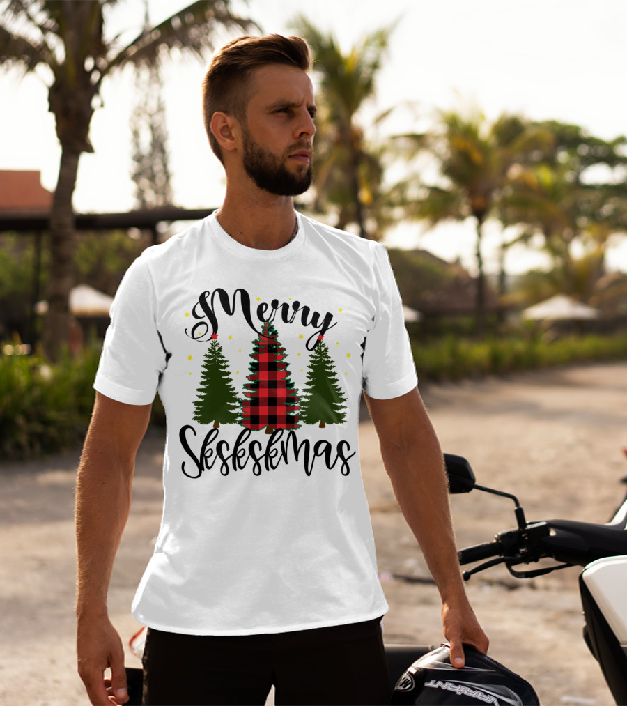 Merry Skskskmas Plaid Trees Scrunchie Visco Holiday T-Shirt