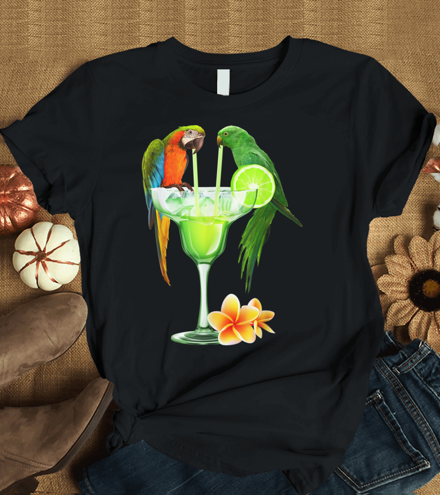 Parrots Enjoying Margaritas with Lime on Tropical Summer Vacation T-Shirt
