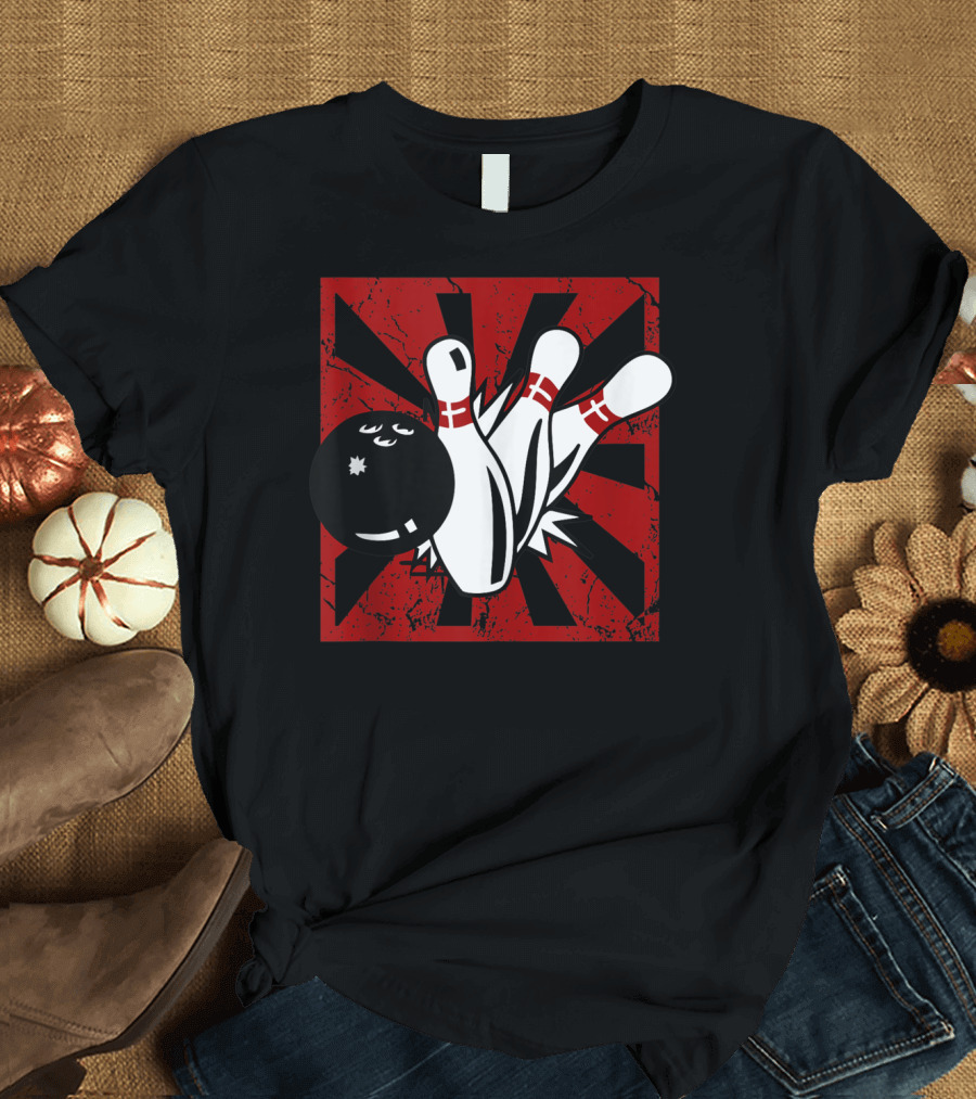 Retro Vintage Bowling Funny Striking Bowler Bowl Pins Explosion T-Shirt