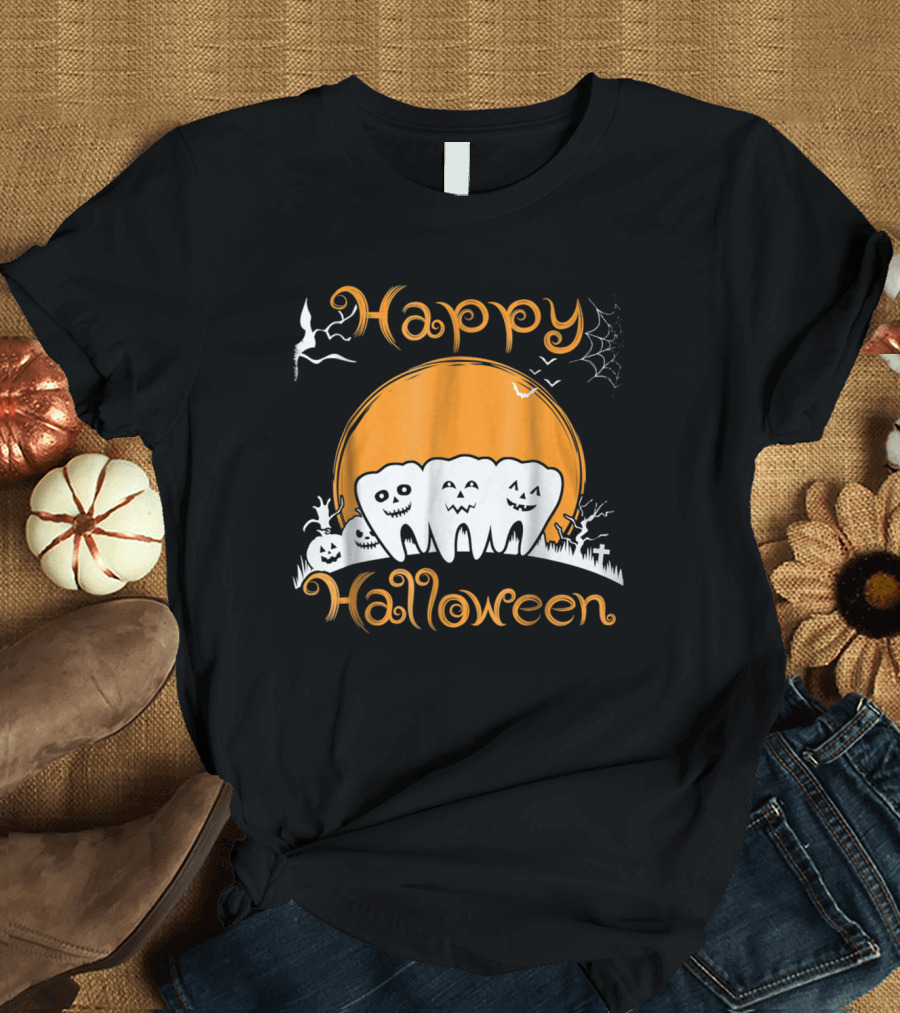 Happy Halloween Pumpkin Teeth Funny Costume Dental Love T-Shirt