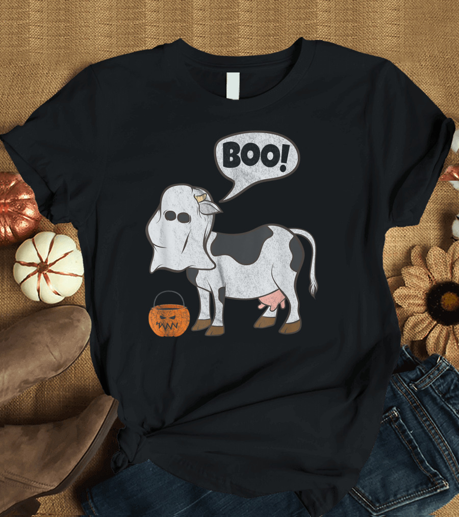 Boo Cow Halloween Ghost Costume with Pumpkin Bucket T-Shirt