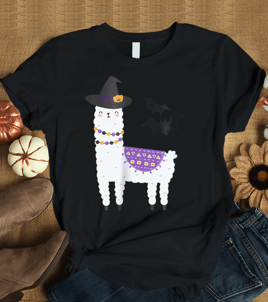 Funny Llama Alpaca Halloween Witch with Bats T-Shirt