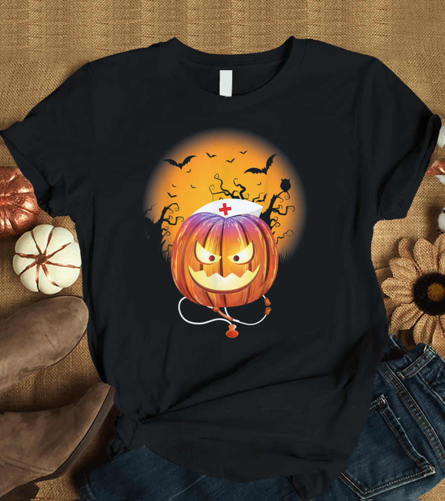 Funny Halloween Nurse Pumpkin Witch with Stethoscope and Bats T-Shirt