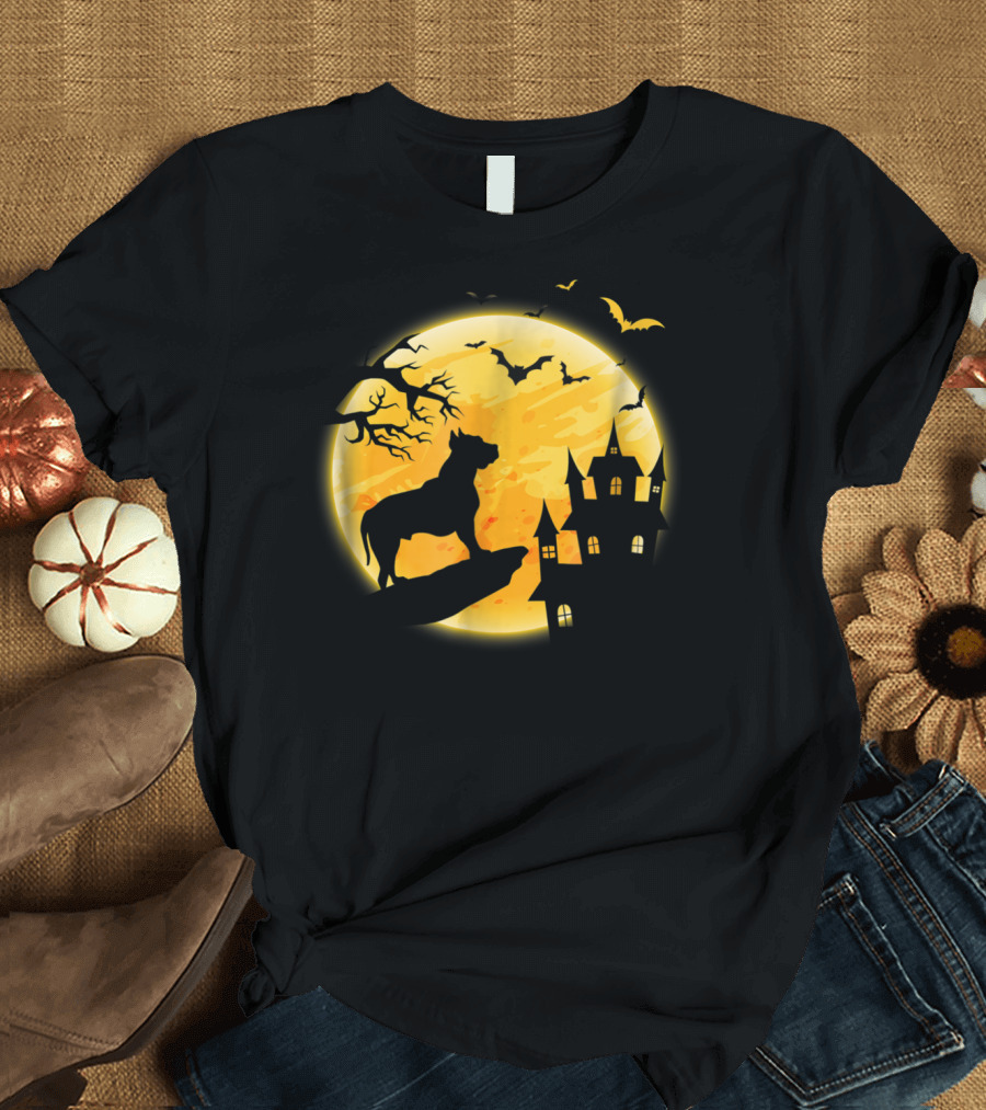 Pit Bull Halloween Moon Silhouette with Bats and Haunted Castle T-Shirt