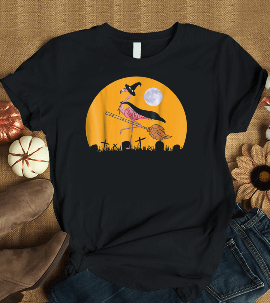 Funny Witch Flamingo Halloween Moon Graveyard Scene T-Shirt