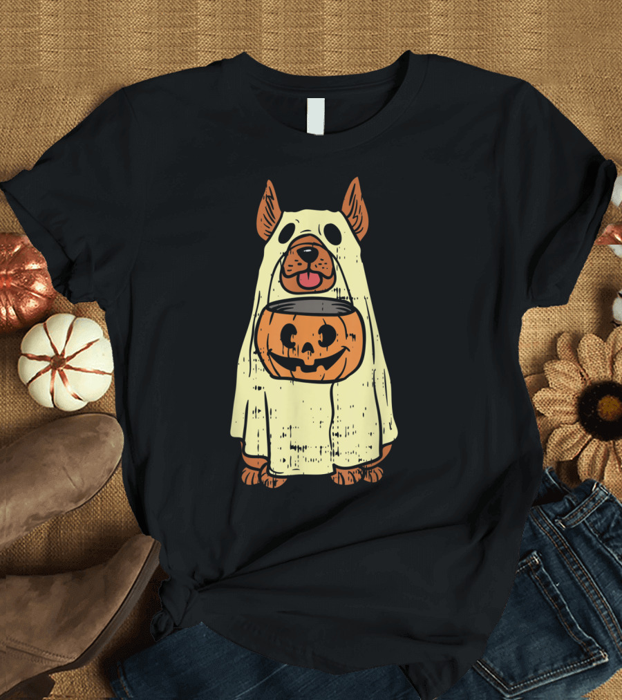 German Shepherd Halloween Ghost with Pumpkin Costume for Dog Owners T-Shirt