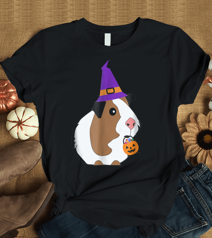 Guinea Pig Witch Halloween Costume with Jack-o'-Lantern Candy Bucket T-Shirt