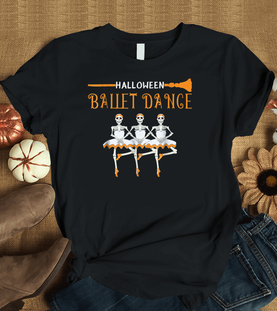 Halloween Ballet Dance Skeleton Ballerina Broomstick Trio T-Shirt