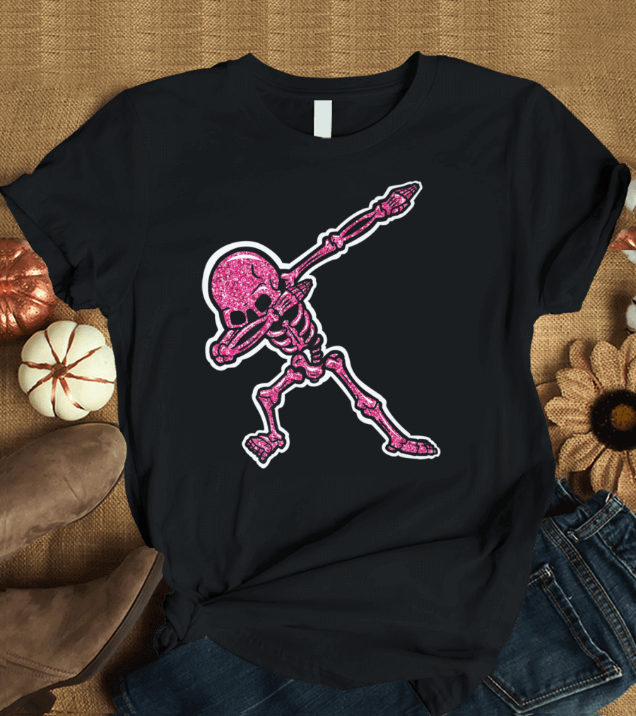 Hot Pink Glitter Dabbing Skeleton Halloween Hip Hop Dab T-Shirt