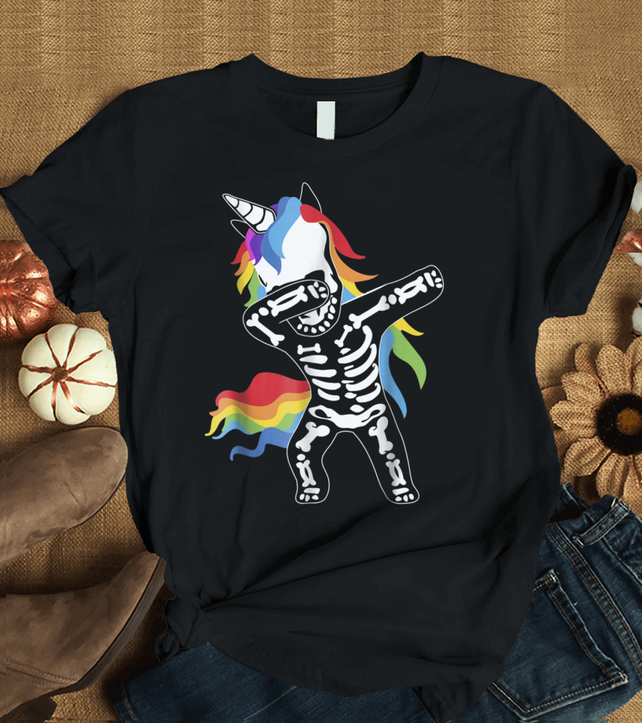 Skeleton Dabbing Unicorn Rainbow Hair Halloween Funny Dab T-Shirt