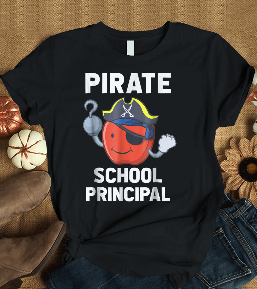 Halloween Pirate School Principal Apple with Hook and Eyepatch T-Shirt