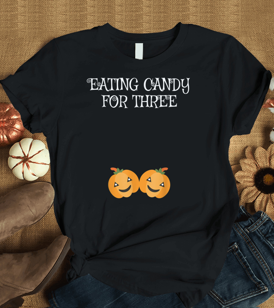 Eating Candy for Three Halloween Pregnancy Announcement Pumpkin Twins T-Shirt