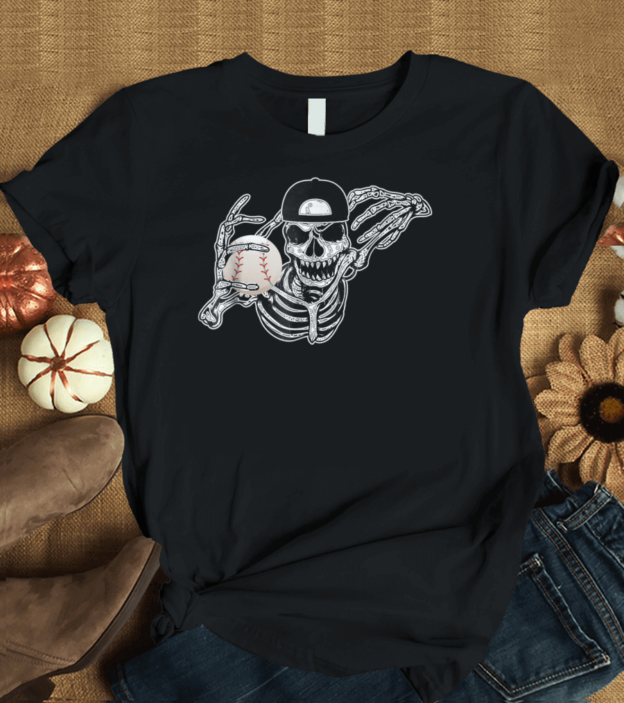 Halloween Skeleton Baseball Player with Skull and Hands T-Shirt