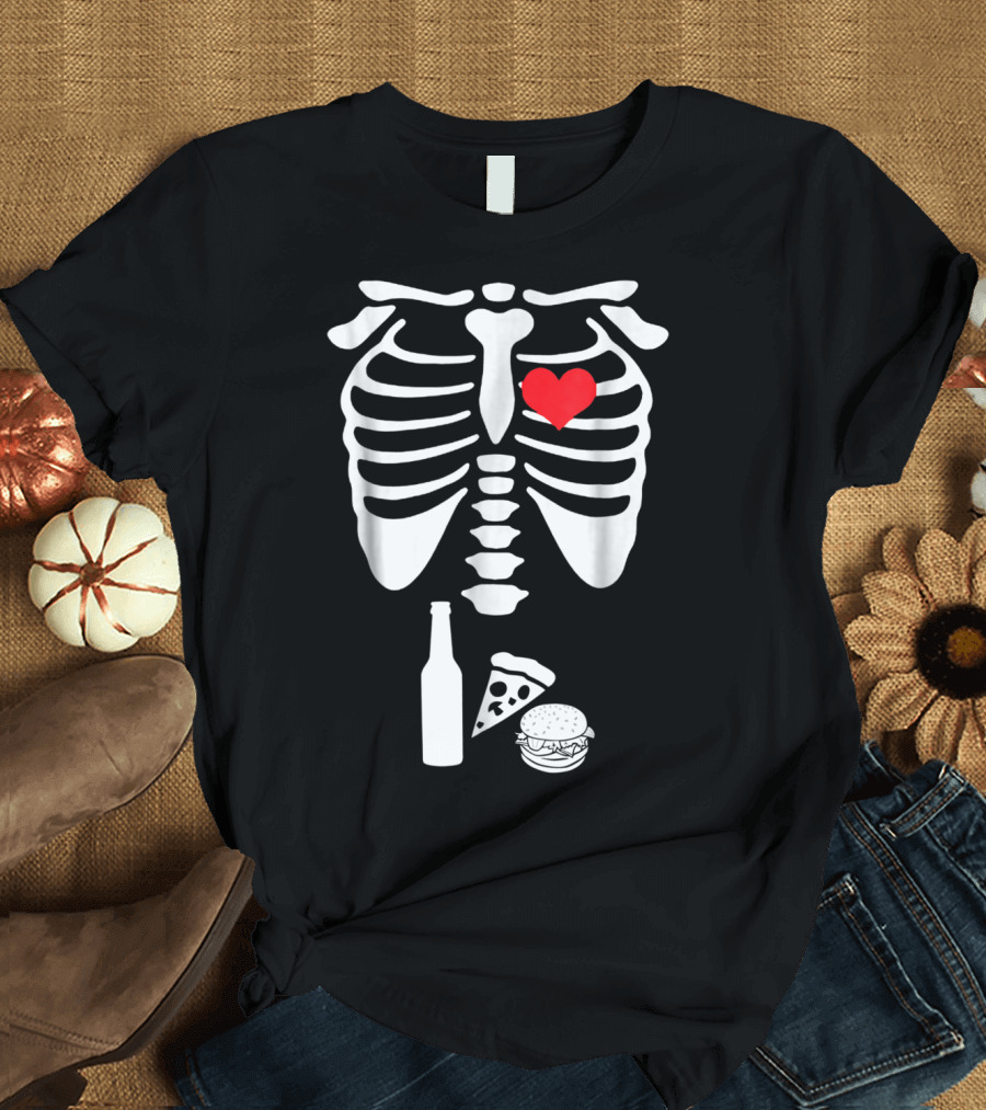Halloween Skeleton Heart Rib Cage X-Ray Beer Pizza Hamburger T-Shirt