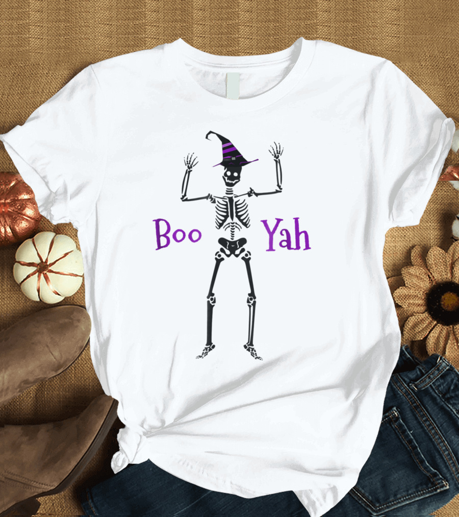 Halloween Boo Yah Skeleton with Witch Hat T-Shirt