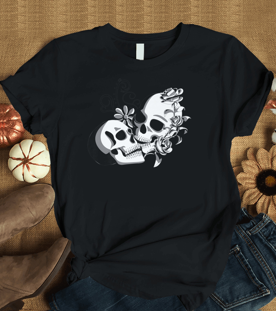 Halloween Skull Skeleton Couple with Floral Accents T-Shirt