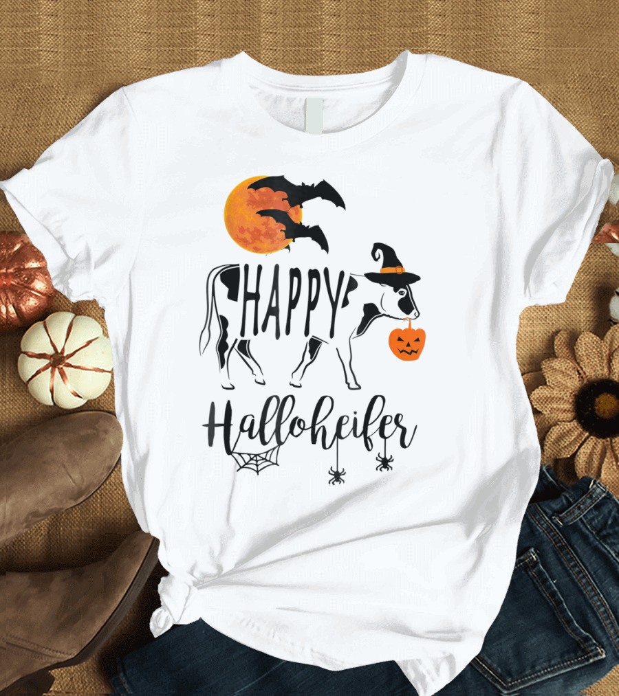 Happy Halloheifer Halloween Cow with Witch Hat and Pumpkin T-Shirt