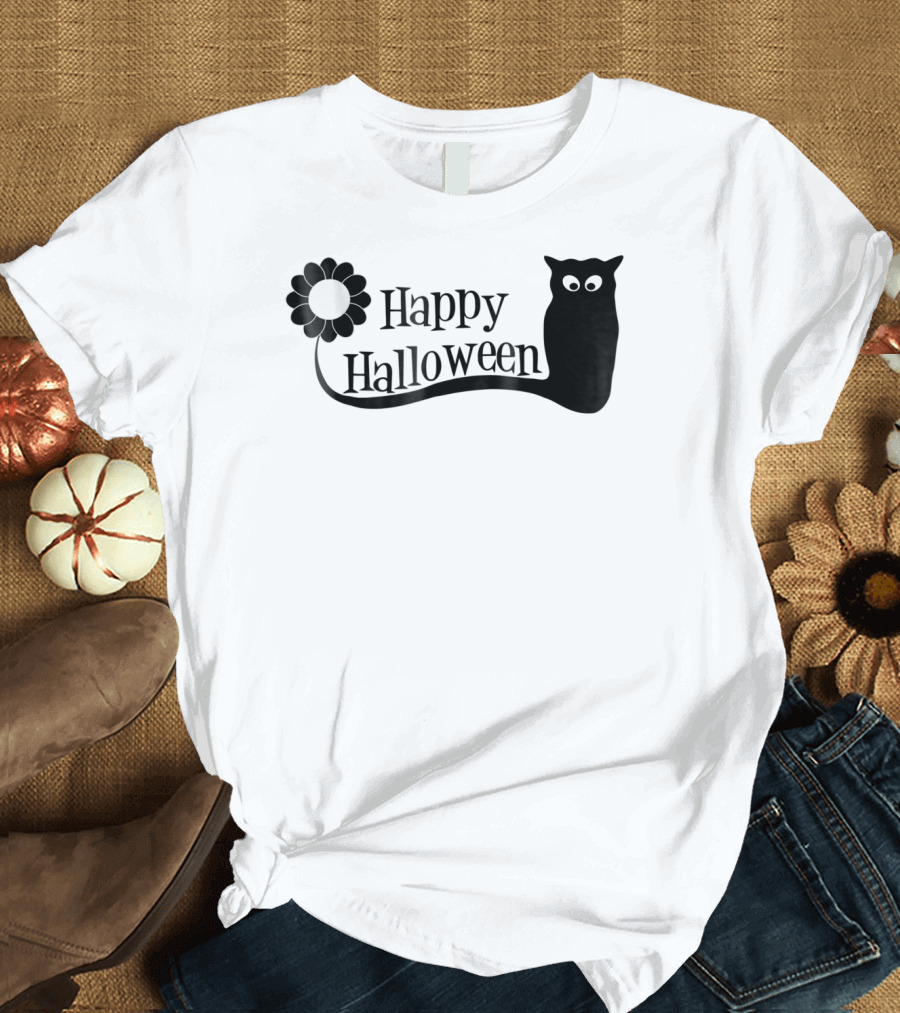 Happy Halloween Black Cat Flower Silhouette Spooky Eyes T-Shirt