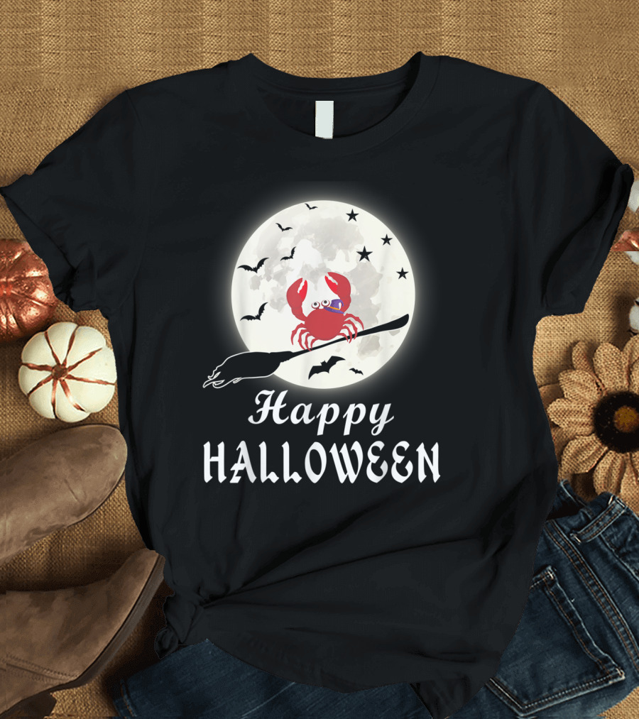 Happy Halloween Crab Costume with Moon and Bats T-Shirt