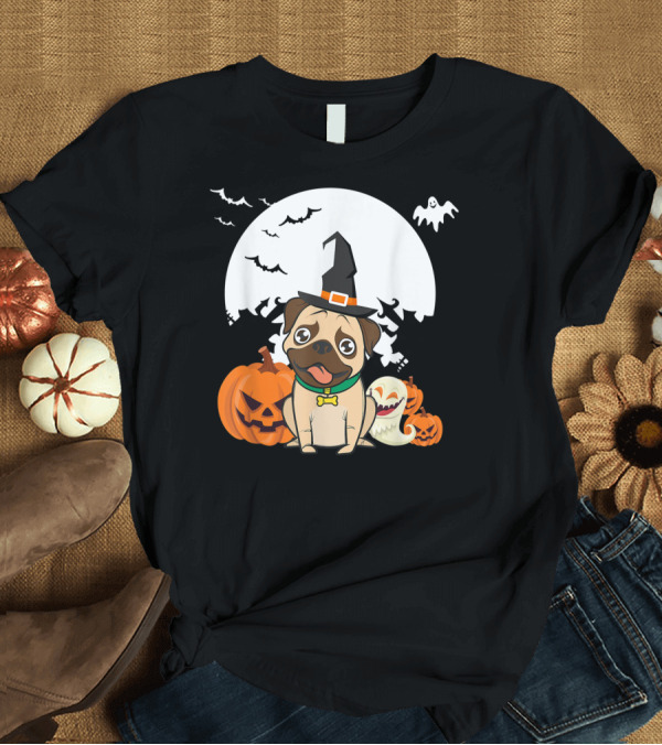 T-Shirt: Happy Halloween Little Witch Pug Dog Lovers Pumpkin Ghost Moon T-Shirt Happy Halloween Little Witch Pug Dog Lovers Pumpkin Ghost Moon T-Shirt