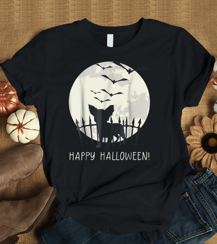 Happy Halloween Chihuahua Silhouette with Full Moon and Bats T-Shirt