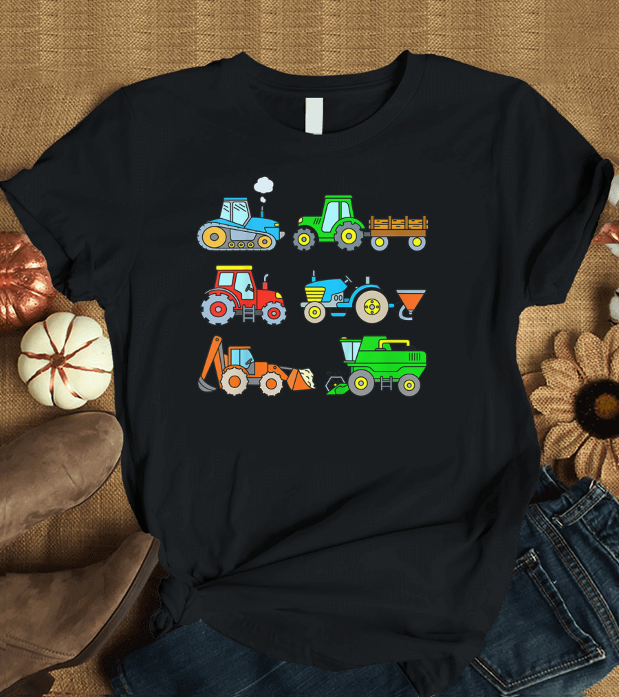 Kinder Mit 6 Traktoren Landmaschinen Bagger Schlepper Fahrzeuge T-Shirt