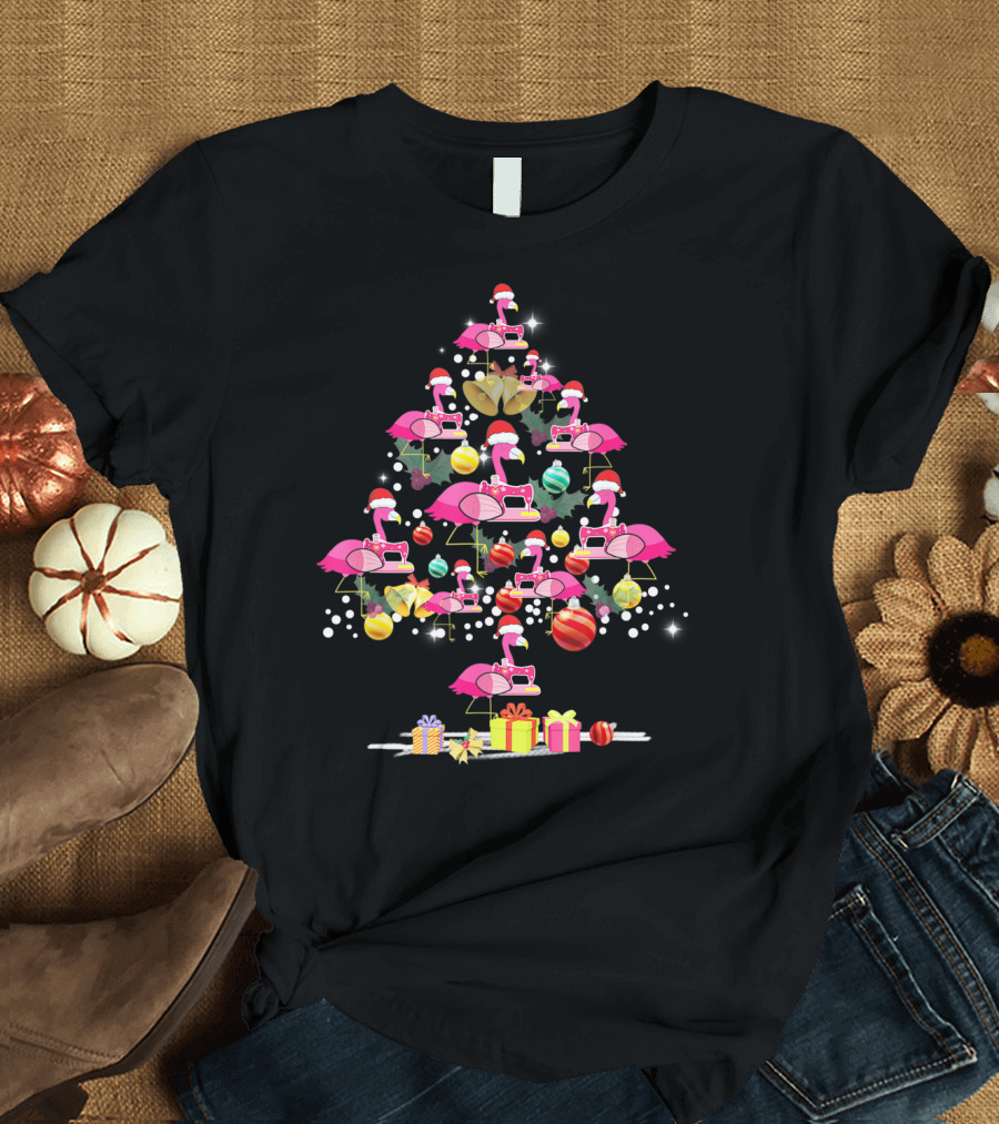 Merry Christmas Flamingo Quilting Tree with Santa Hats and Gifts T-Shirt