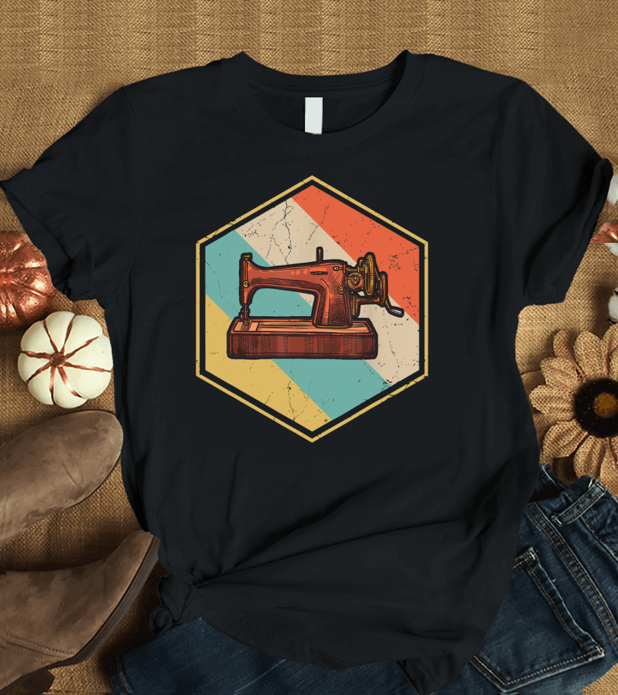 Retro Vintage Sewing Machine Quilting Diagonal Stripes T-Shirt