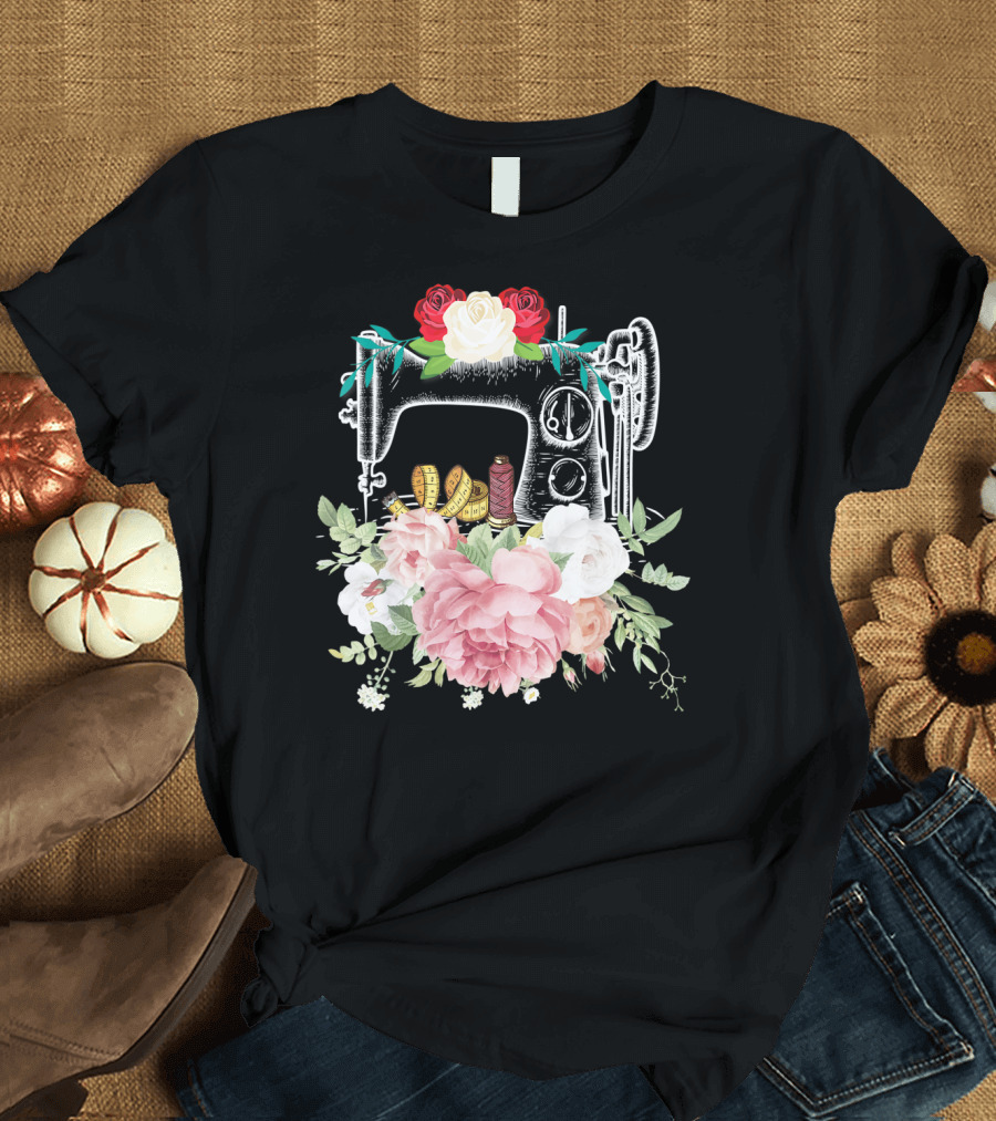 Floral Sewing Machine with Roses and Peonies T-Shirt
