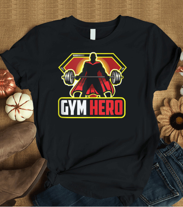 T-Shirt: GYM HERO Super Strength Silhouette with Cape and Barbell T-Shirt GYM HERO Super Strength Silhouette with Cape and Barbell T-Shirt