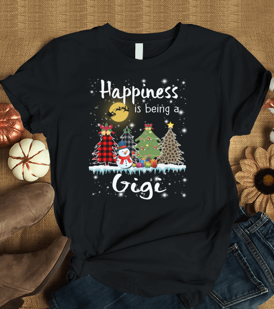 Happiness Is Being A Gigi Christmas Tree Snowman Presents Santa Sleigh Moon T-Shirt