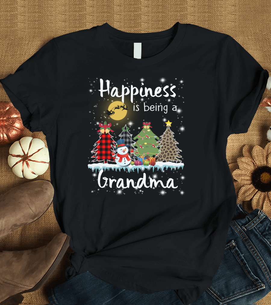Happiness Is Being a Grandma Snowman Christmas Tree with Santa Sleigh and Presents T-Shirt