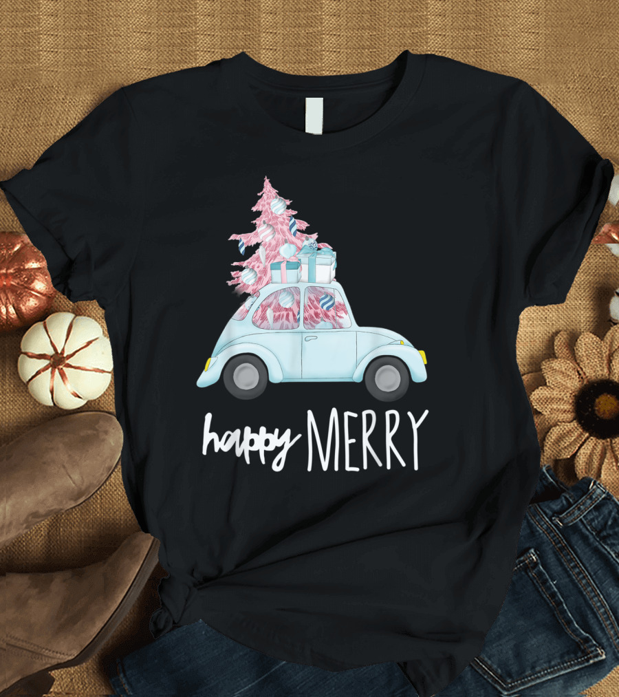 Happy Merry Pink Christmas Vintage Car Holiday T-Shirt