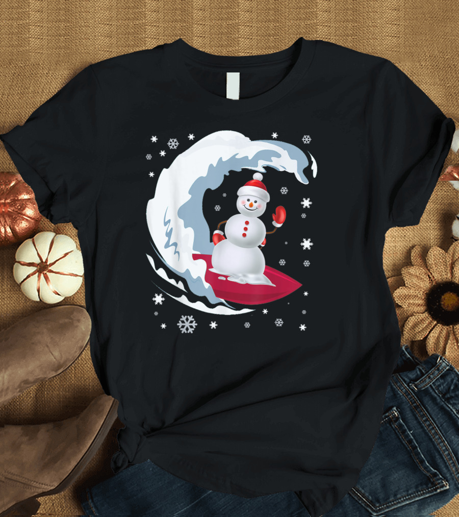 Happy Surfer Snowman Riding Festive Winter Waves Snowflakes T-Shirt