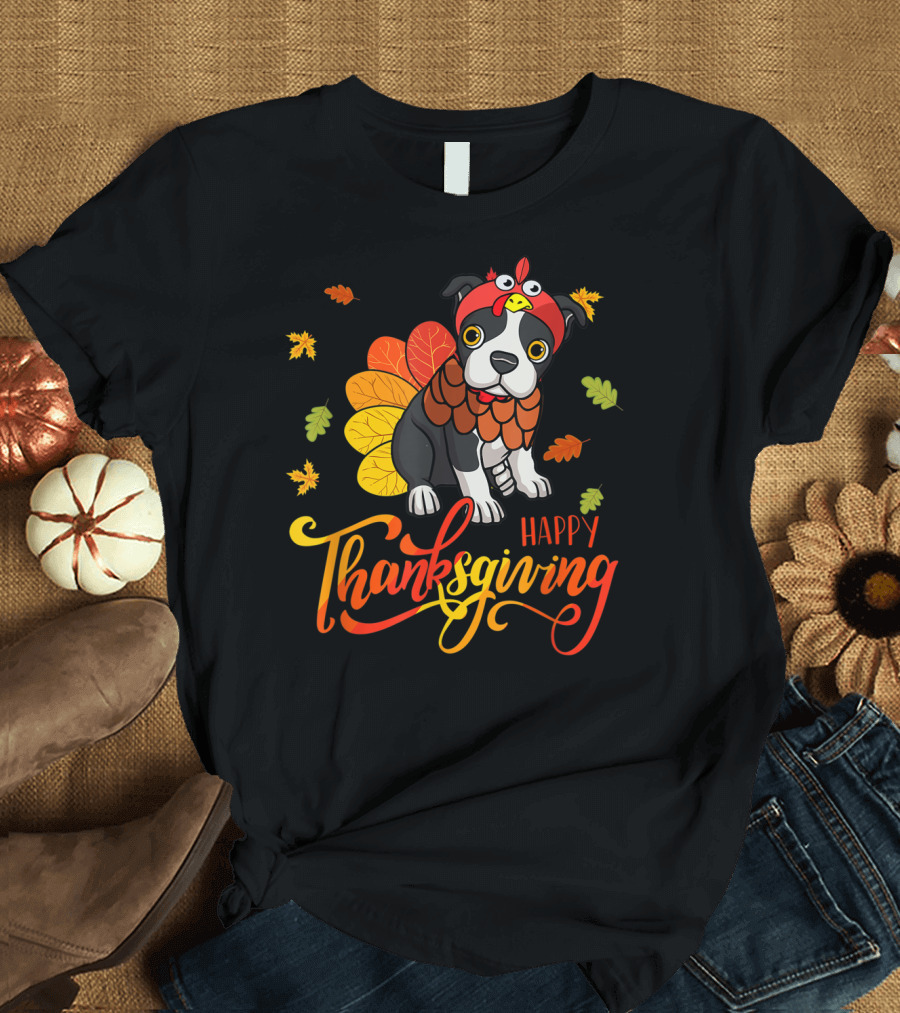Happy Thanksgiving Cute Boston Terrier Turkey Costume T-Shirt
