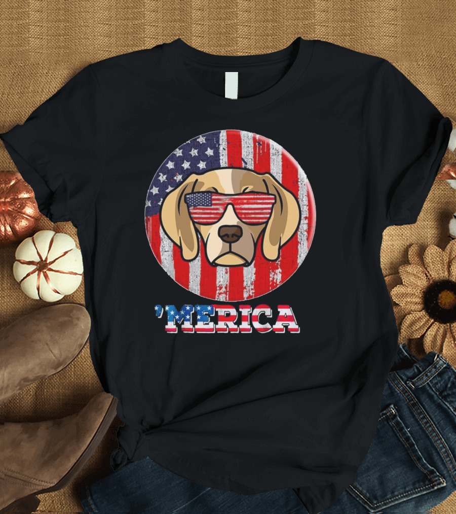 I Love America 'Merica Dog with American Flag Sunglasses and Stars and Stripes Background T-Shirt