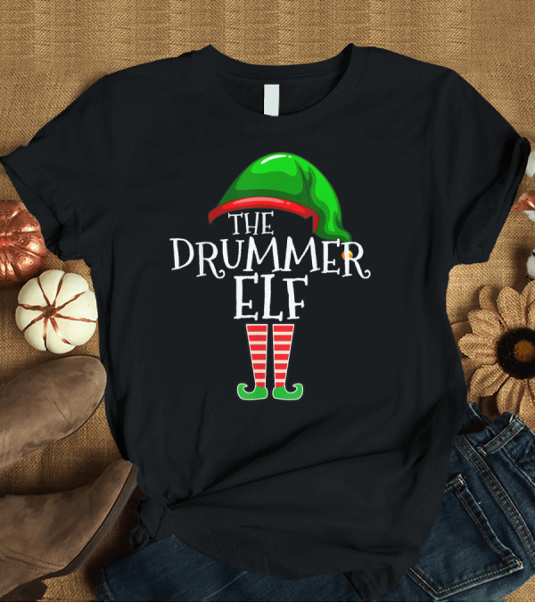 T-Shirt: The Drummer Elf Holiday Festive Wear Striped Legs and Green Hat T-Shirt The Drummer Elf Holiday Festive Wear Striped Legs and Green Hat T-Shirt