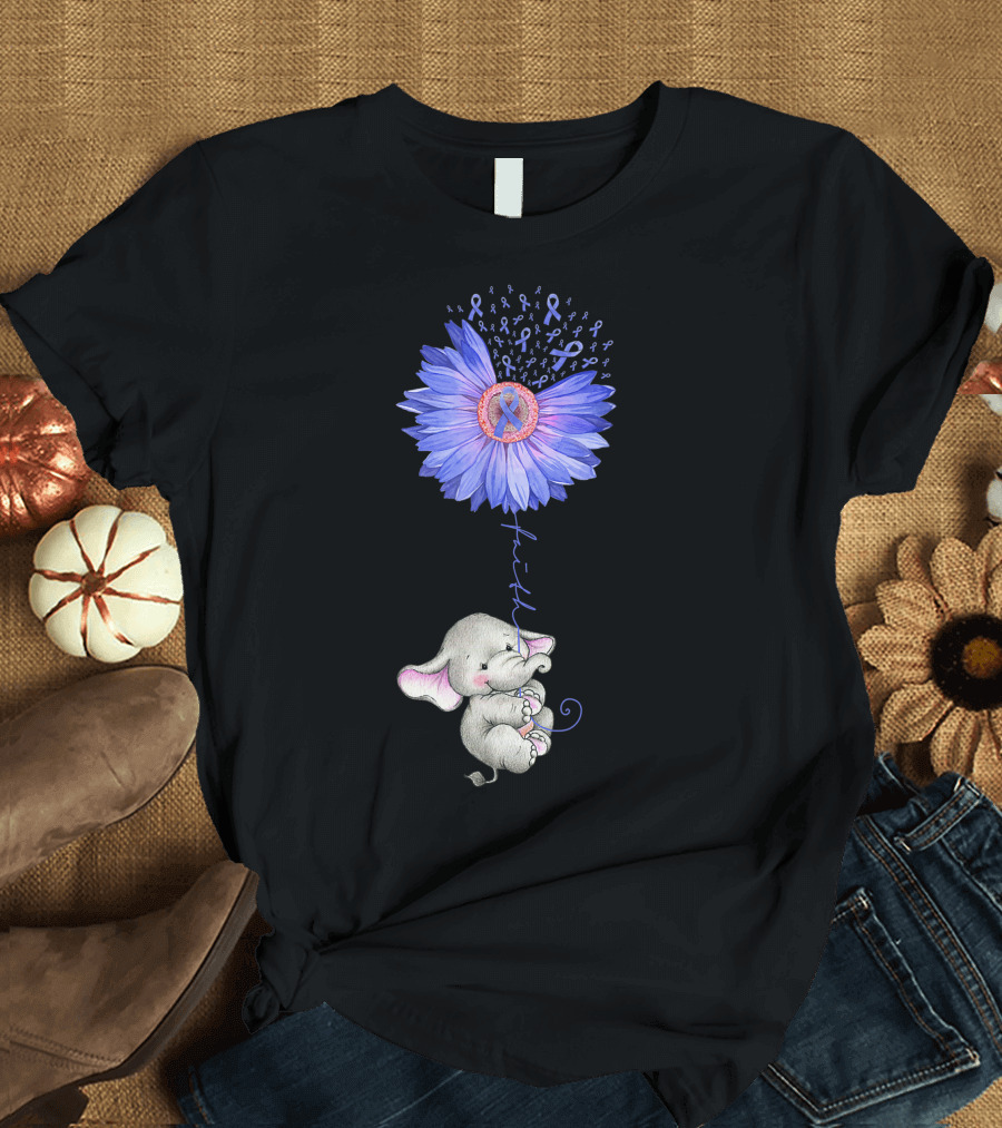 Faith Hope Purple Ribbon Elephant Holding Blue Sunflower T-Shirt
