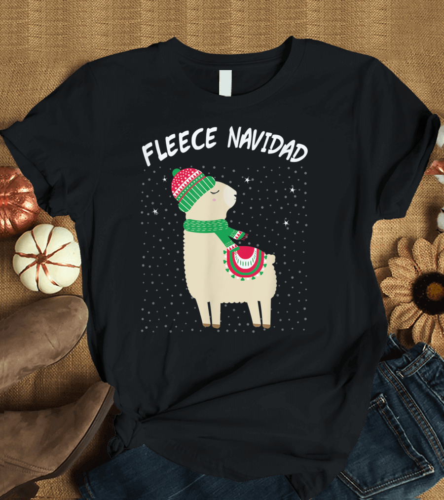 Fleece Navidad Feliz Navidad Llama in Christmas Hat and Scarf with Snowflakes T-Shirt