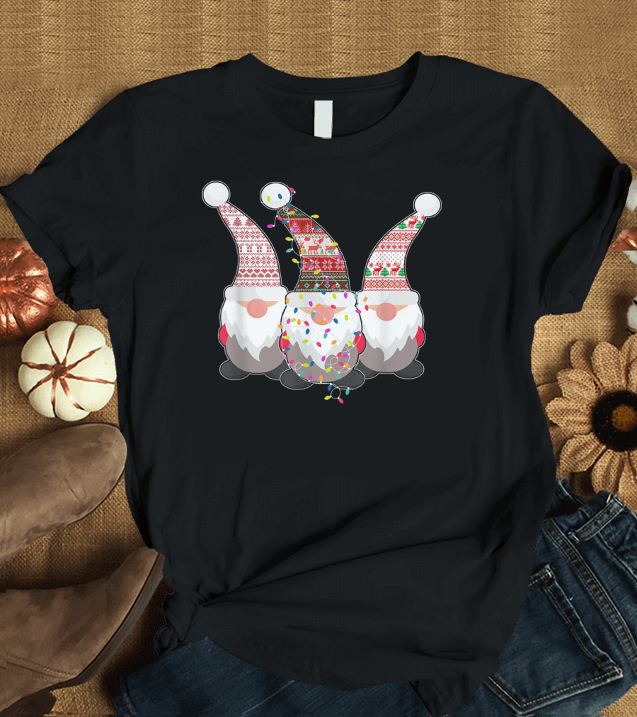 Nordic Gnomes with Festive Patterned Hats and Christmas Lights T-Shirt