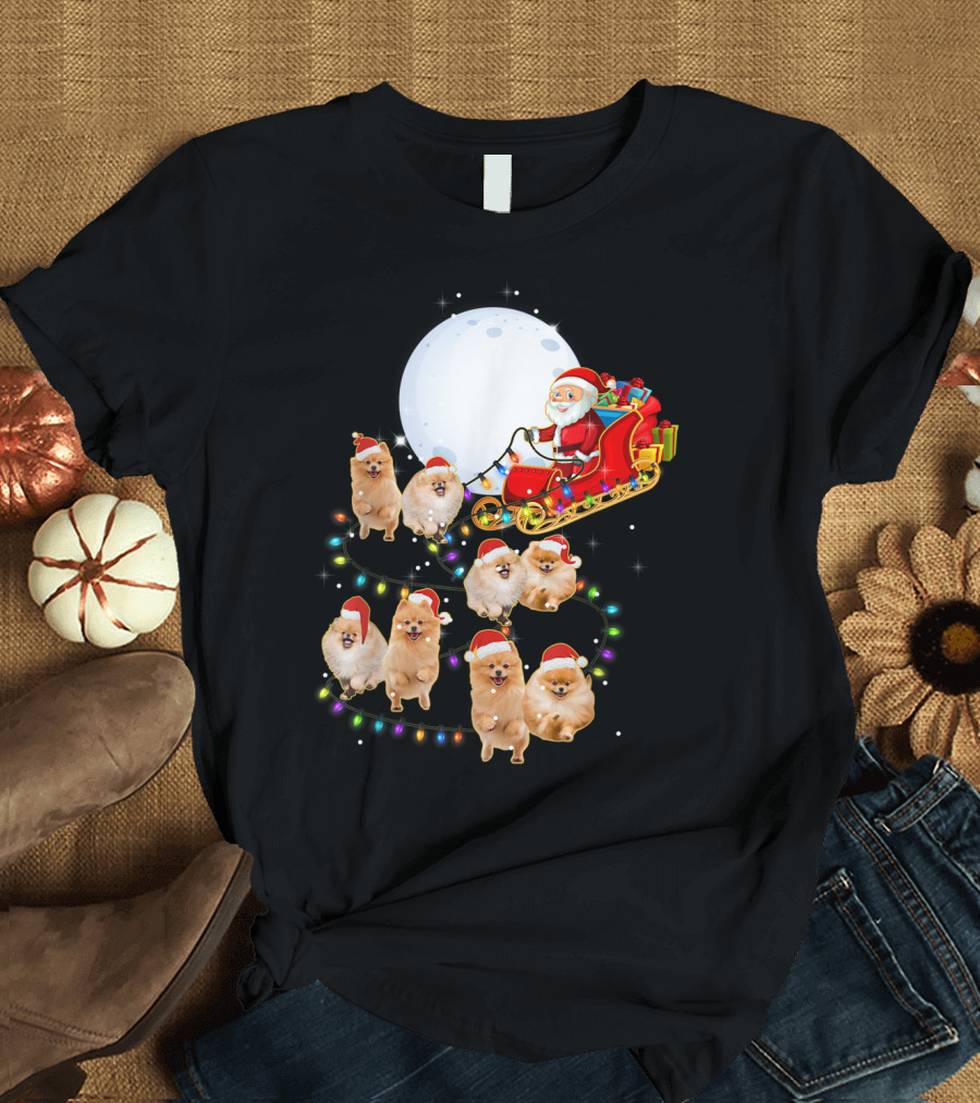 Santa's Pomeranian Reindeer with Sleigh and Christmas Lights T-Shirt