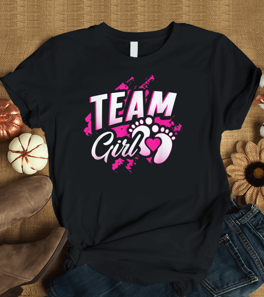 Team Girl Baby Shower Gender Reveal Party Pink Footprints T-Shirt