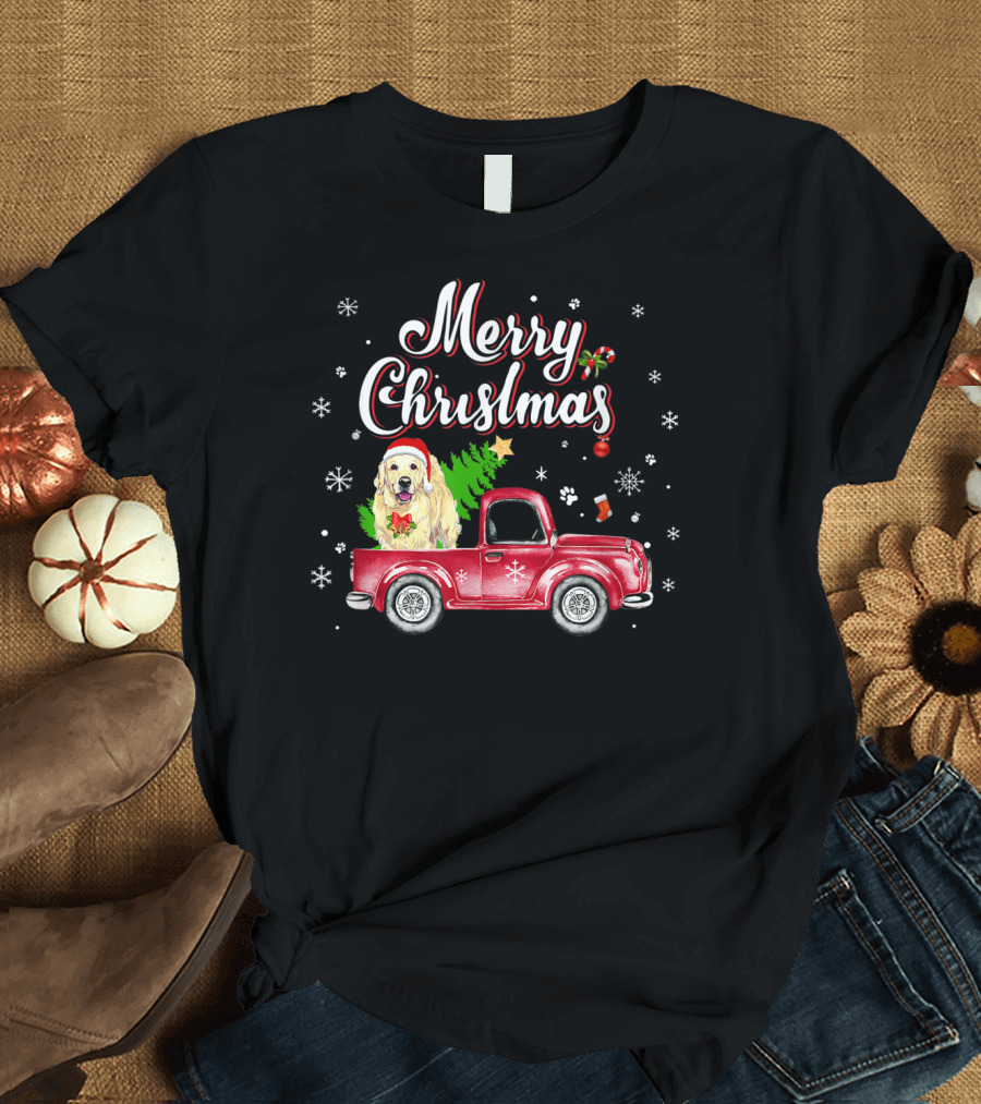 Merry Christmas Golden Retriever Santa Rides Red Truck T-Shirt